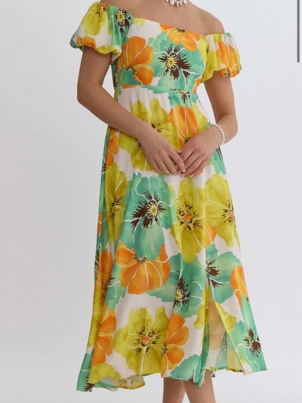 entro Yellow, Teal & Orange Off-Shoulder Maxi Dress